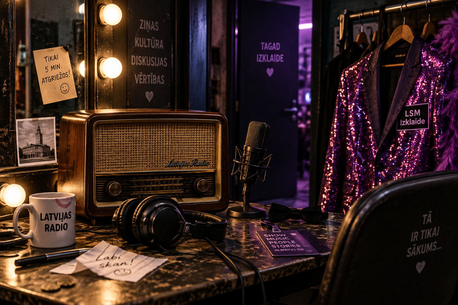 Latvijas Radio radio studijas grimētava ar veco radioaparātu un violeti izgaismotu izklaides garderobi