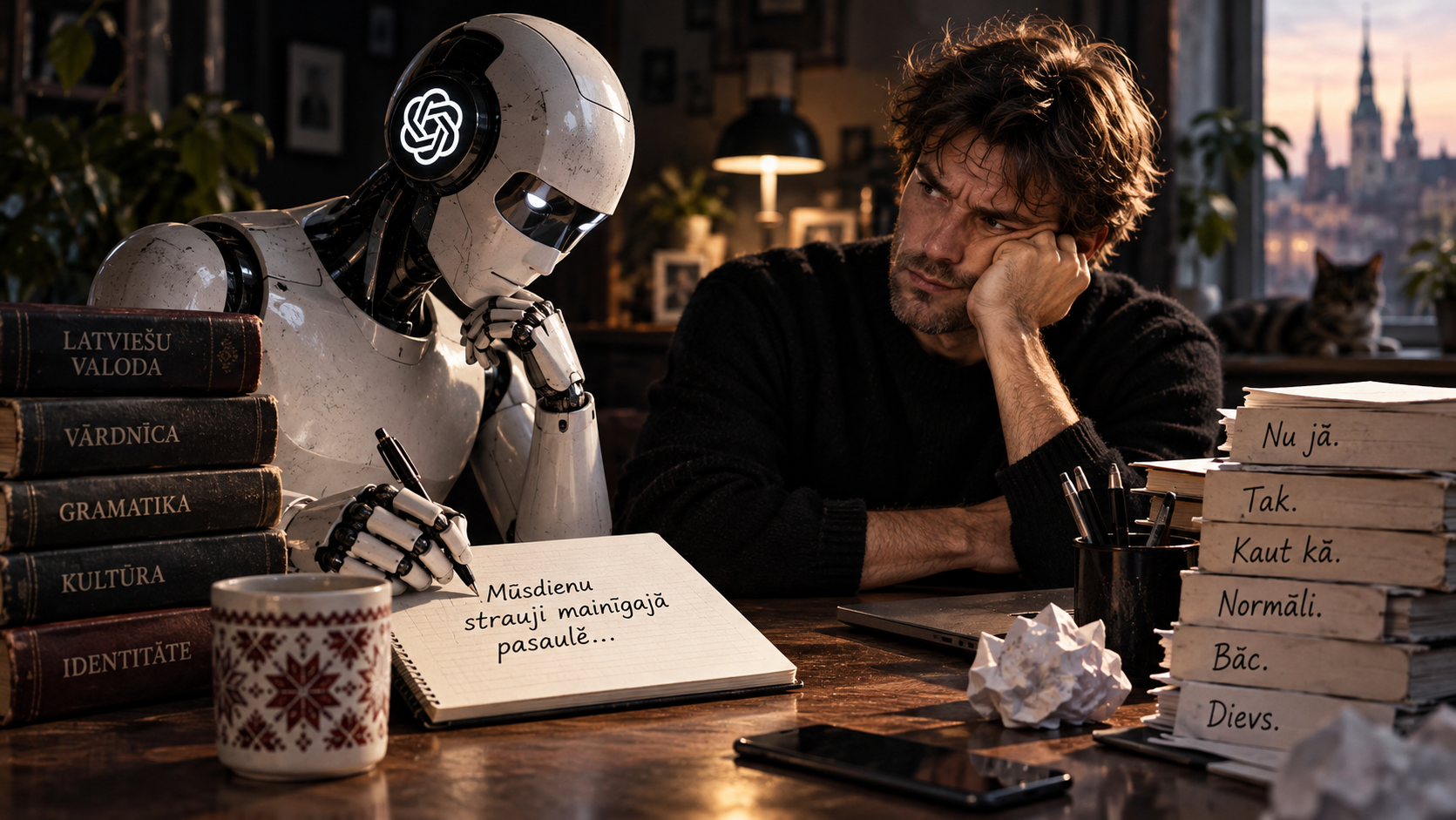 Cilvēks un robots pie galda starp latviešu valodas grāmatām, mēģinot kopā rakstīt latviski
