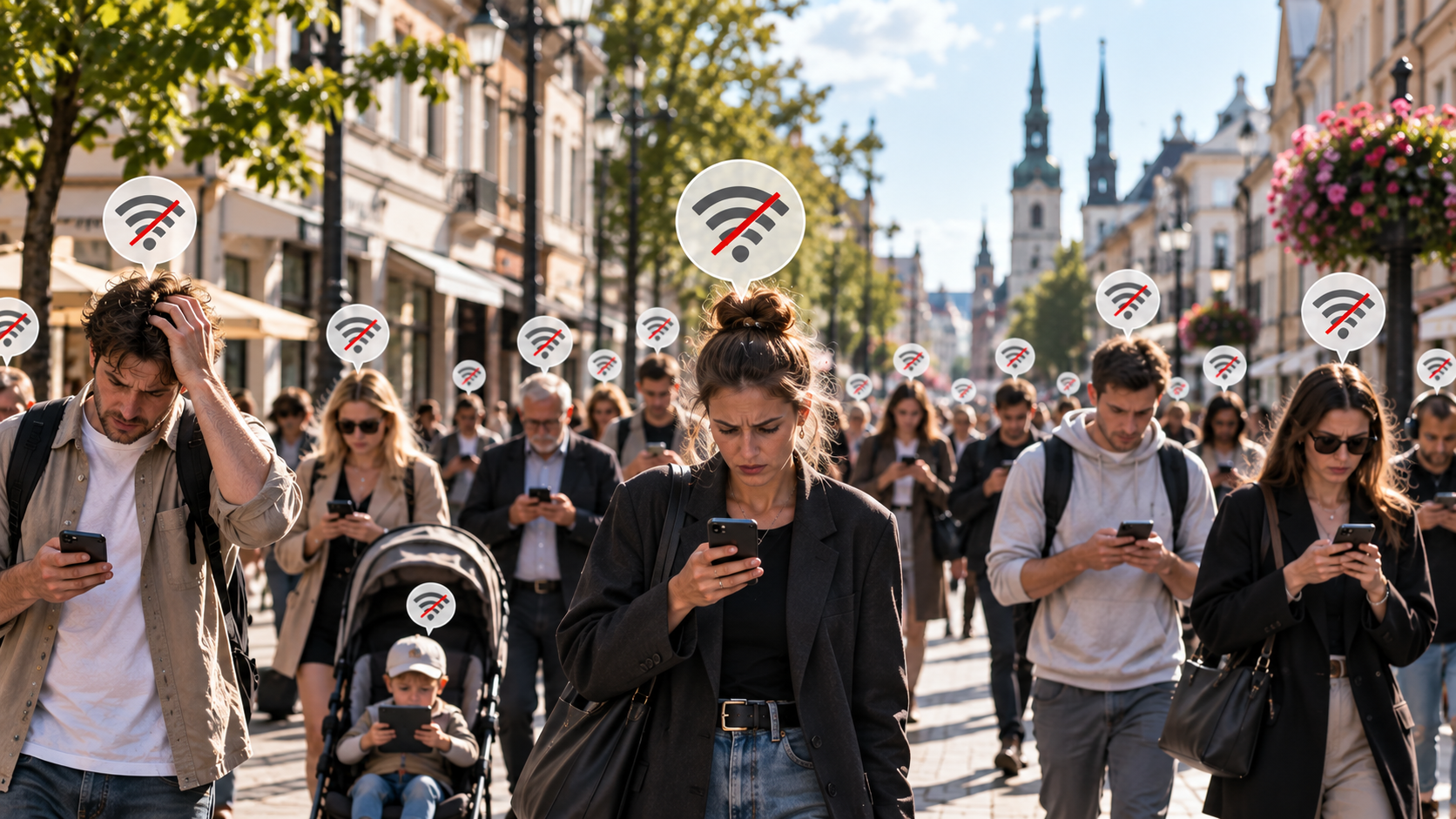 Cilvēku pilna pilsētas iela, kur apmulsuši garāmgājēji skatās telefonos un virs viņiem redzami pazuduša Wi-Fi simboli