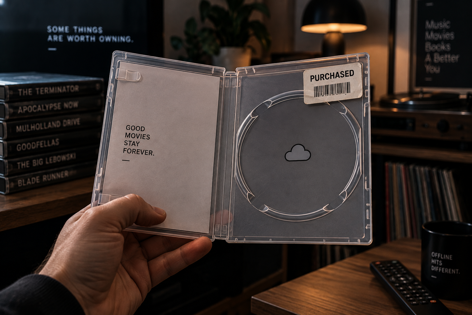 Roka tur atvērtu tukšu diska kastīti ar mākoņa ikonu diska vietā, blakus DVD kolekcija plauktā