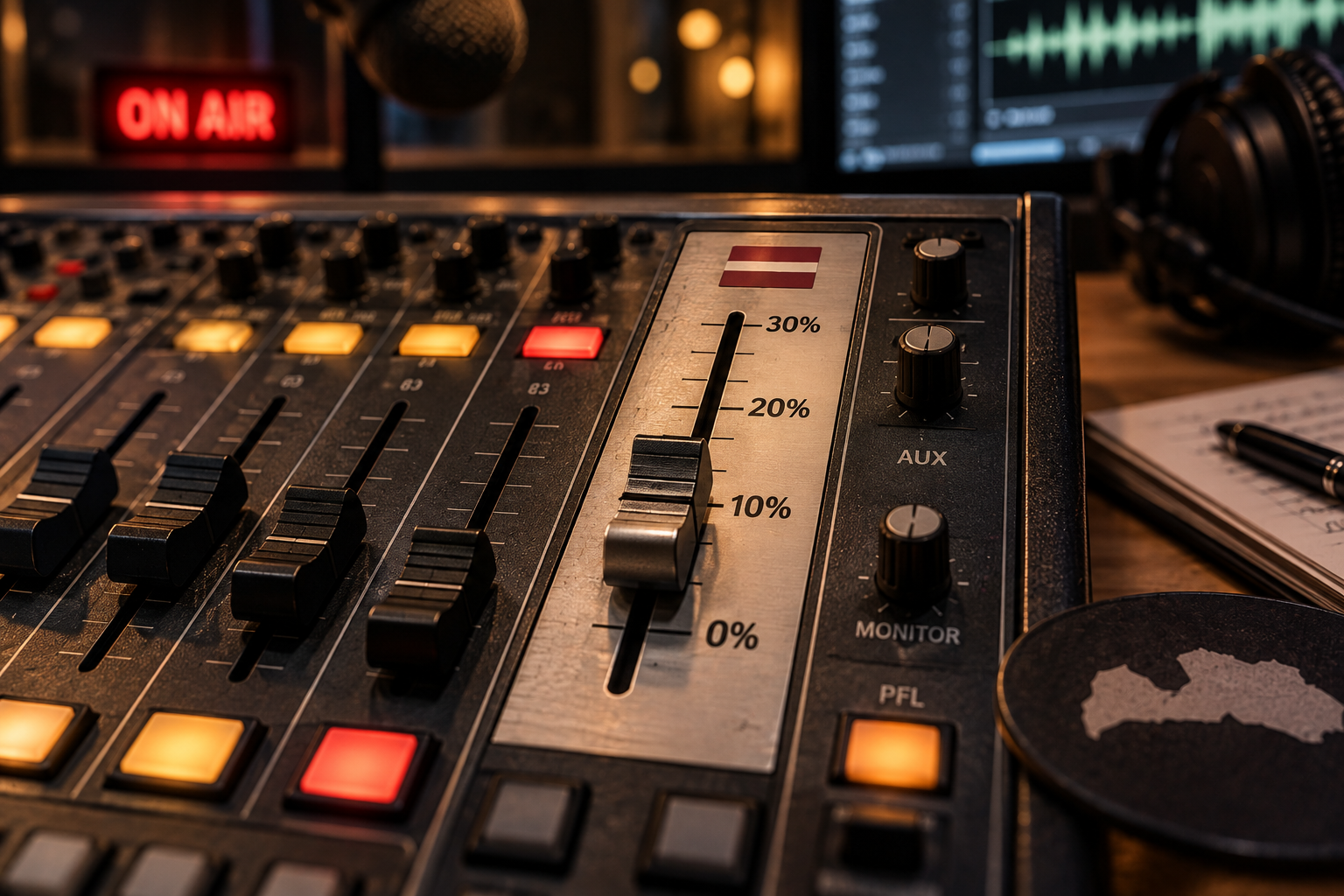 Radio studijas skaņu pults ar Latvijas karoga zīmi un slīdni, kas rāda 0%, 10%, 20% un 30% atzīmes