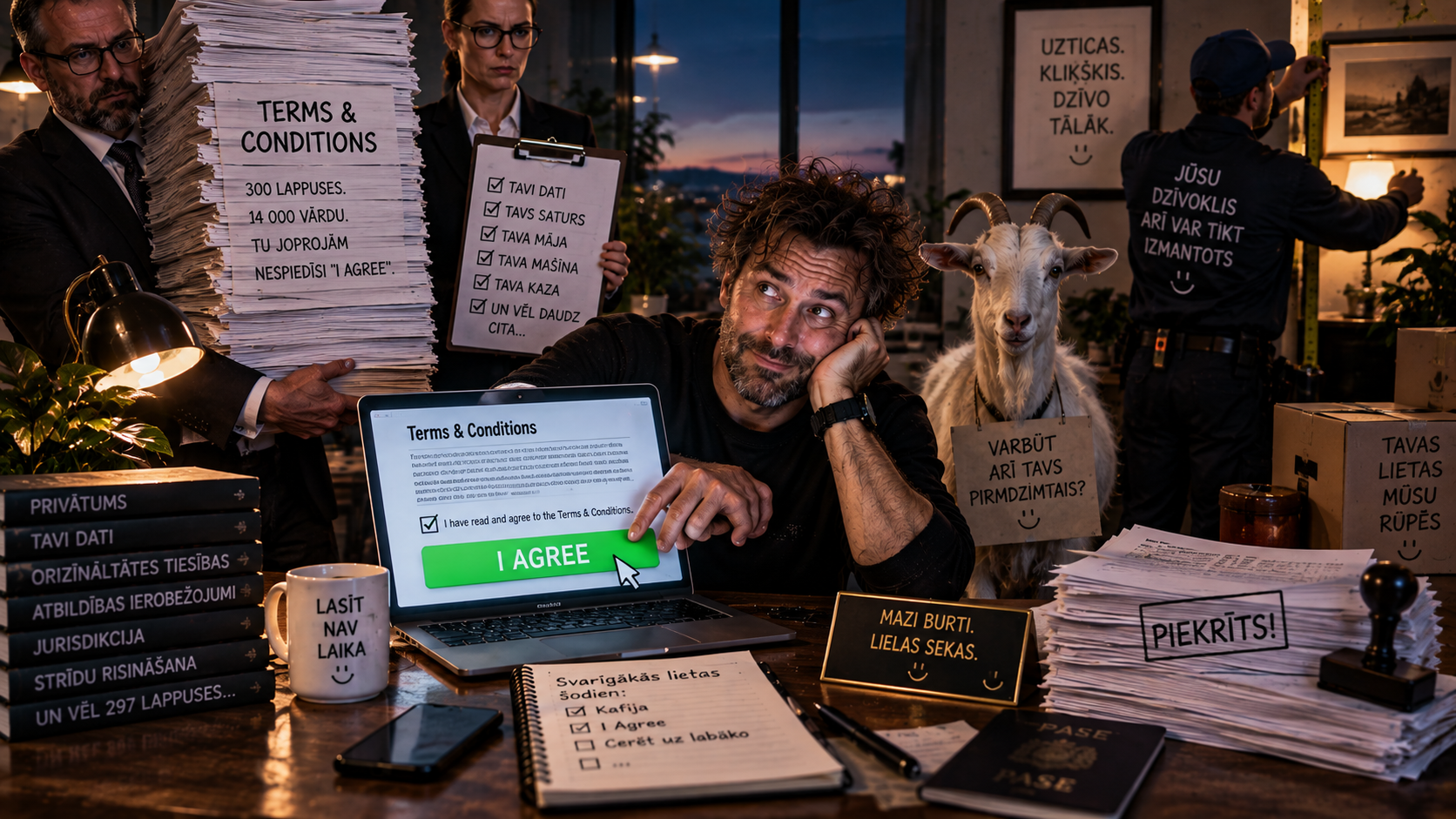 Cilvēks nospiež I AGREE, kamēr juristi, dokumentu kaudze un kaza ilustrē absurdus lietošanas noteikumus